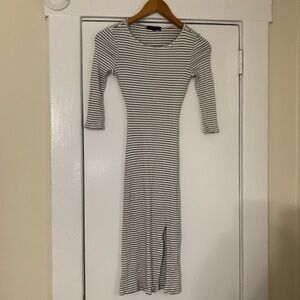 Iris Black & White Striped Midi Front‎ Slit Dress S